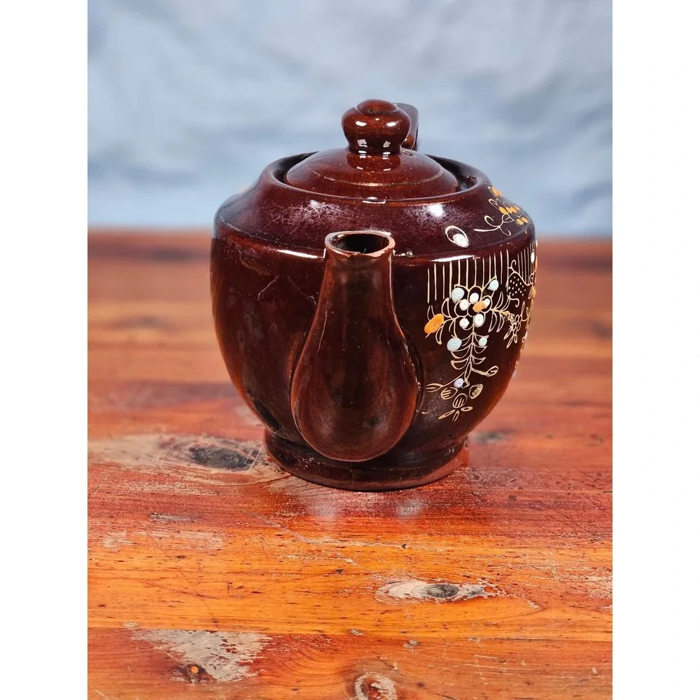 Vintage Made in Japan Brown Floral Ceramic Teapot Decorative Cottage Decor